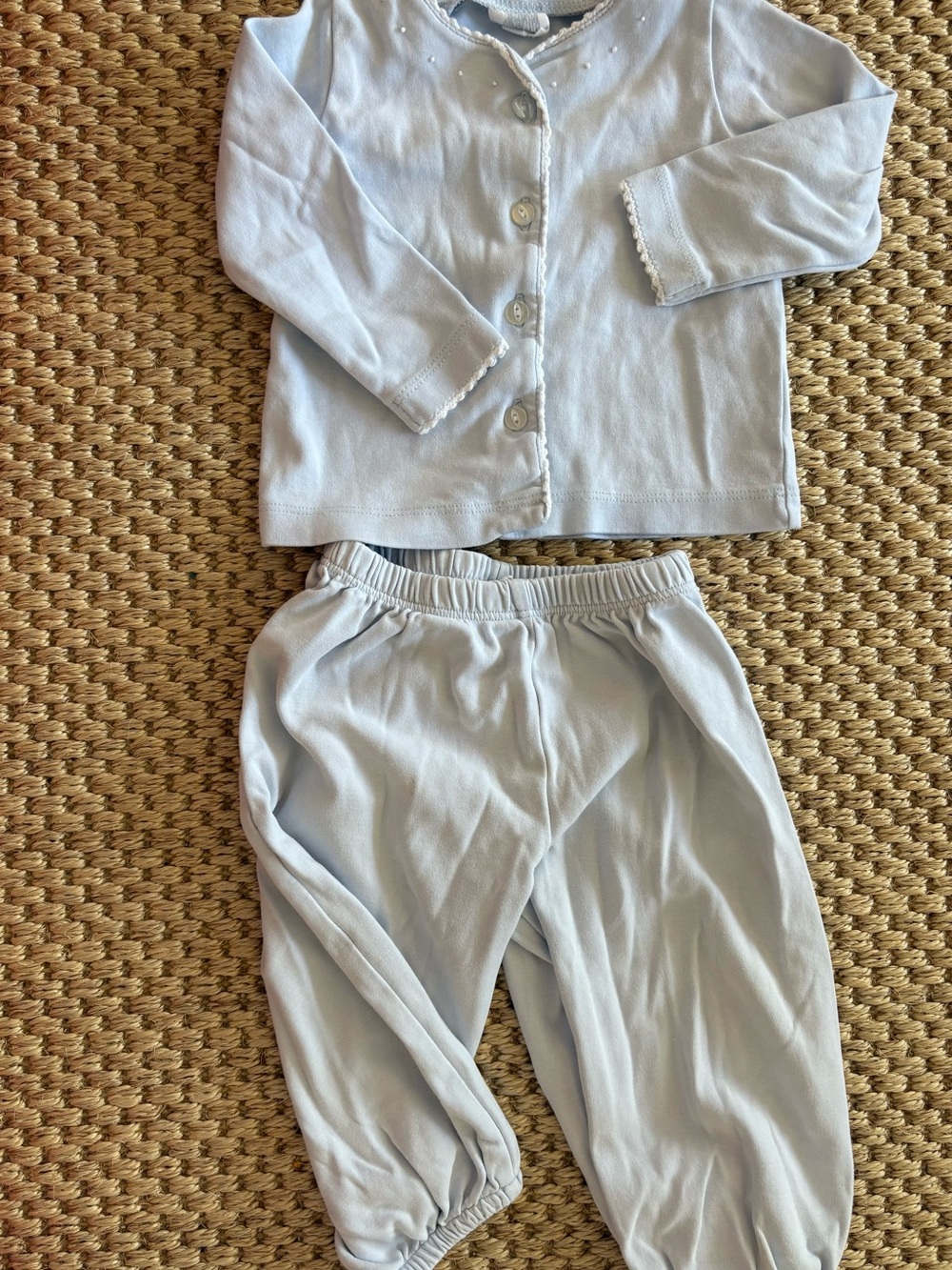 Light Blue Baby Set - Button-Up Top with White Decorative Trim and Matching Pant